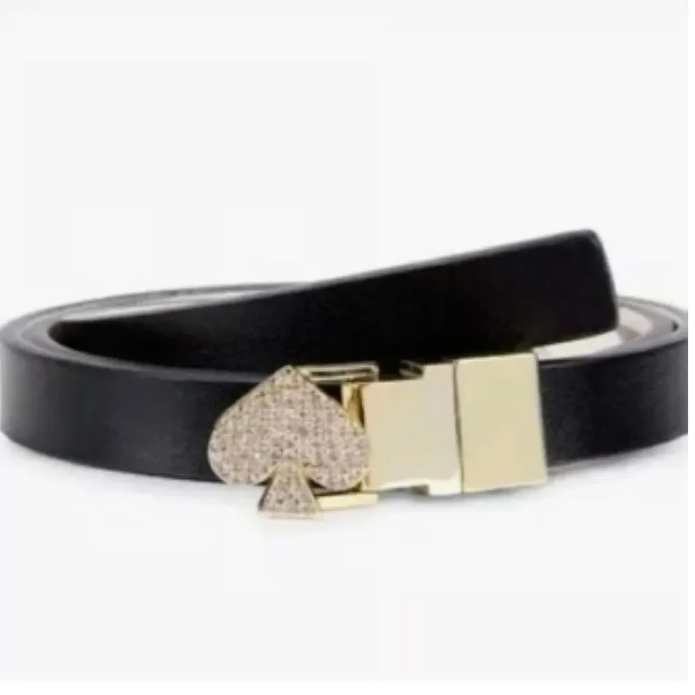kate spade L/XL Black White Interior Pale Gold Tone Jeweled Spade Skinny Belt